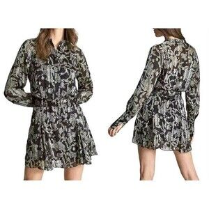 Reiss Chiffon Dress Womens 6 Black Green Floral Larissa Classic Sheer Belted New